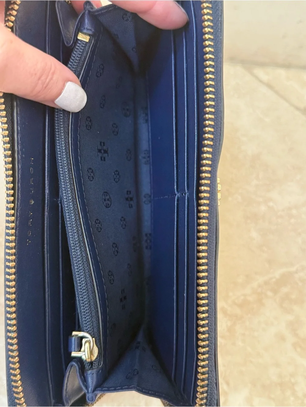 Tory Burch Retro Peace Love Leather Continental Long Zip Wallet Navy